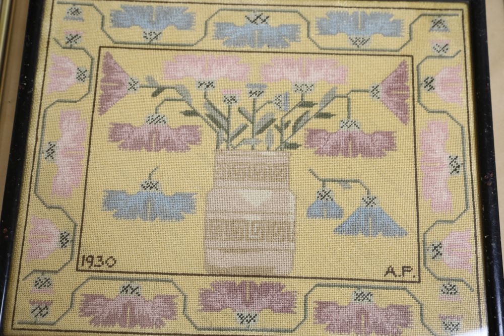 An 1836 cross-stitch sampler, a petite point picture and a Regency silk work picture (3)